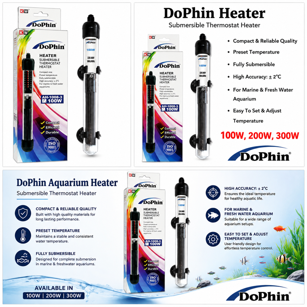 Dophin AH-1006 300W Submersible Thermostat Heater for Aquarium Fish Tank | Preset Temperature | Fully Submersible | Suitable for Tank Size 300L