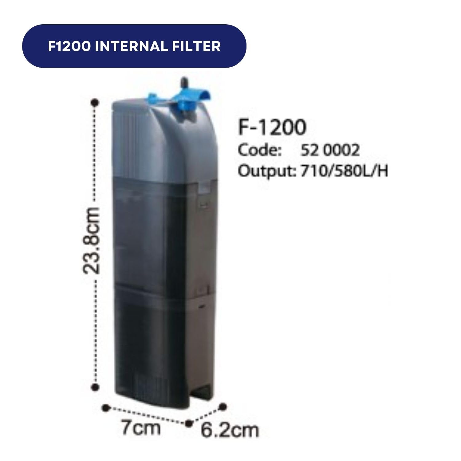 Dophin F1200 Internal Filter for Aquarium Fish Tank | Completely Submersible Motor | Output: 580/500 L/H | Suitable for Fish Tank Size 120L