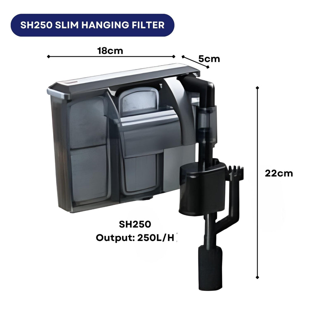 Dophin SH250 Slim Hanging Filter For Aquarium Fish Tank | Mechanical And Biological Filtration | Output: 250/250L/H | Suitable For Tank Size 40L