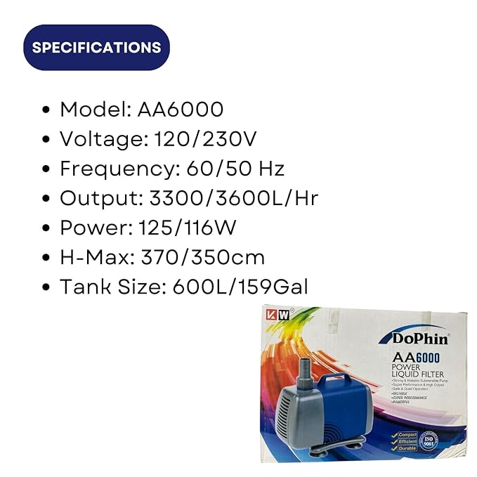 DOPH053 Dophin AA6000 Submersible Pump Power Liquid Filter for Aquarium Fish Tank | Output: 3300/3600L/H | Suitable for Tank Size 600l