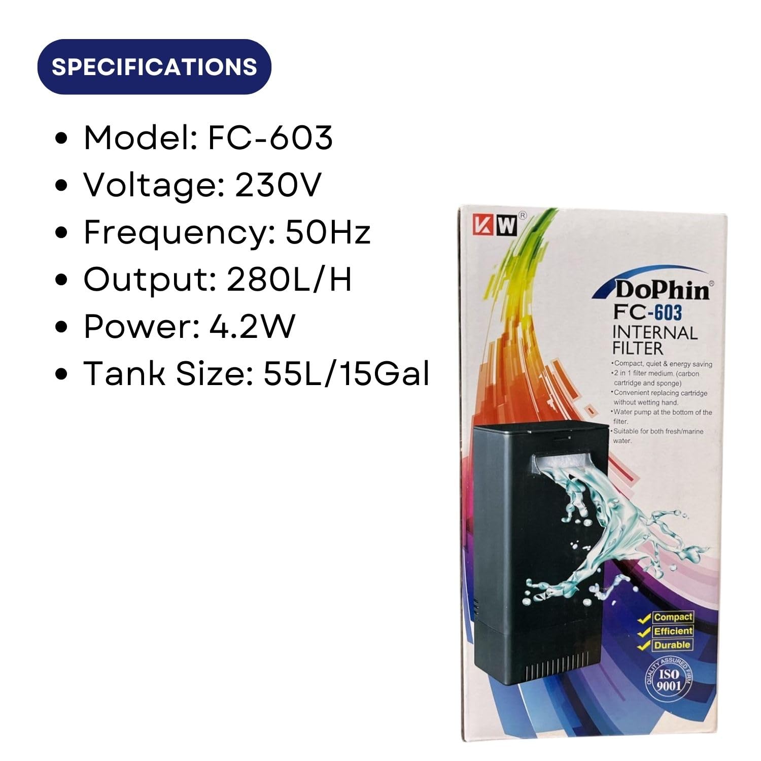 Dophin FC-603 Internal Filter Box For Aquarium Fish Tank | Suitable For Both Fresh And Marine Water | Output: 280L/H | Suitable For Tank Size 55L