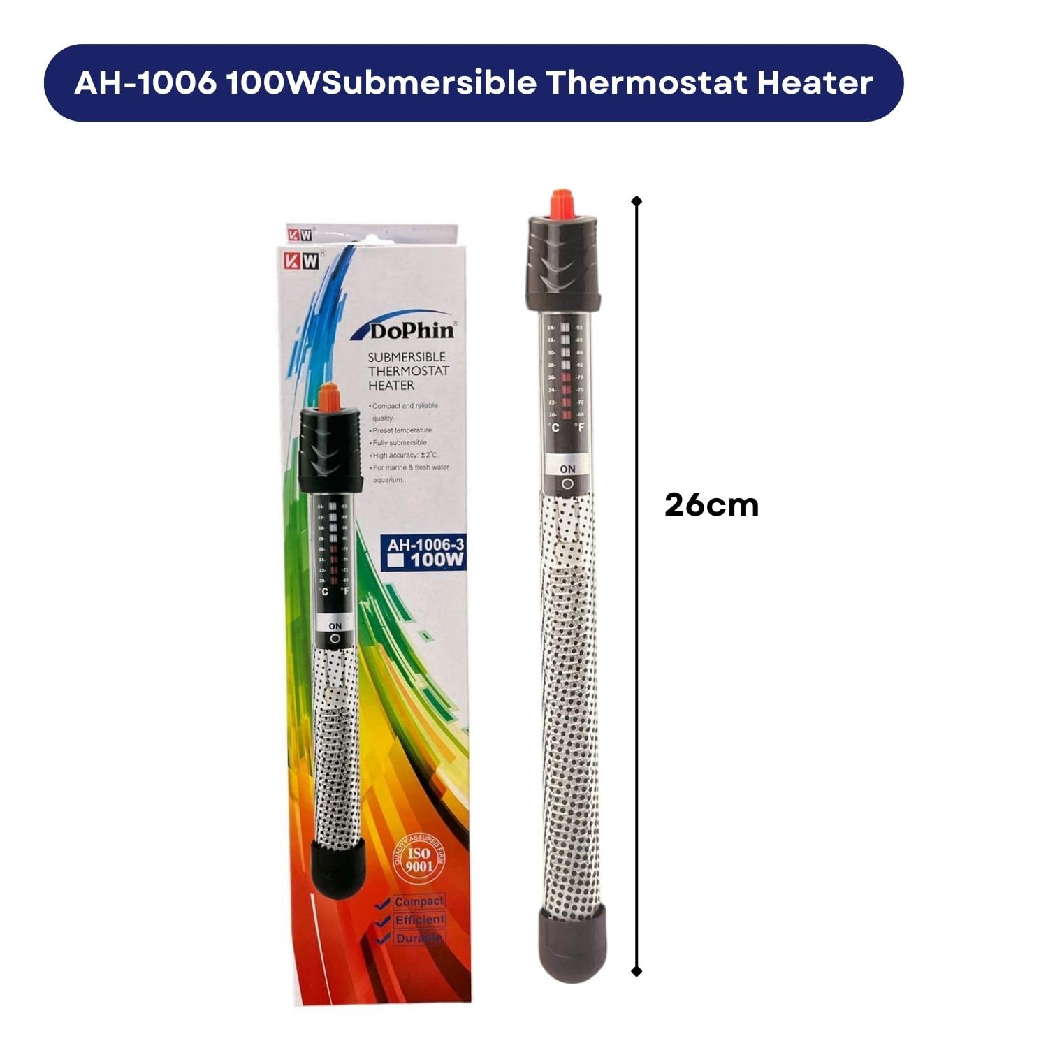 TUNAI Dophin AH-1006 100W Submersible Thermostat Heater for Aquarium Fish Tank| Preset Temperature | Fully Submersible | Suitable for Tank Size 100 L