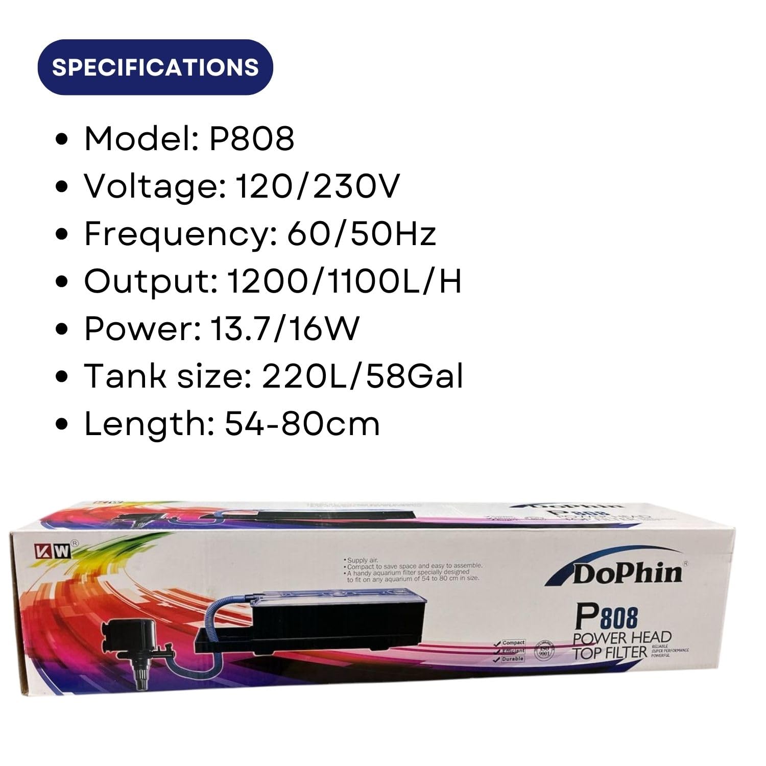 Dophin P808 Power Head Top Filter for Aquarium Fish Tank | Compact, Efficient and Durable | Output: 1200/1100L/H | Suitable for Tank Size 220L
