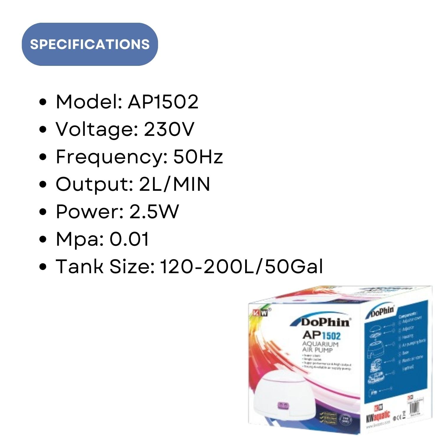 Dophin AP1502 Air Pump for Aquarium | Double Outlet | Output: 2L/min | Suitable for Fish Tank Size 120-200L
