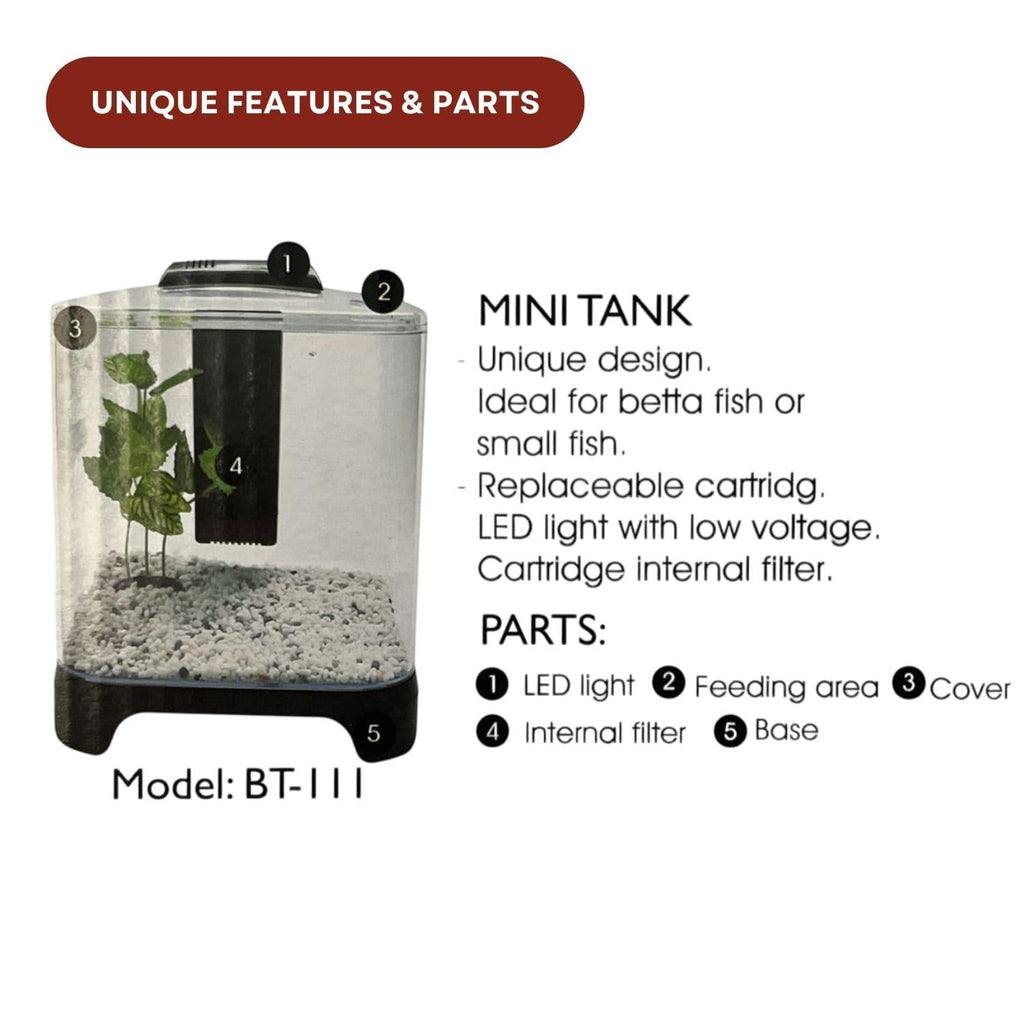 Dophin BT-111 Mini Aquarium Fish Tank | Unique Design | Complete 3-in-1 Kit | Includes Crystal Clear Tank, Filtering System and LED Light | Capacity - 5.6L Fish Tank