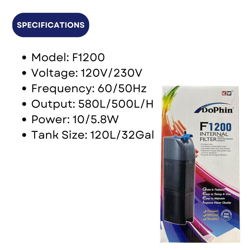 Dophin F1200 Internal Filter for Aquarium Fish Tank | Completely Submersible Motor | Output: 580/500 L/H | Suitable for Fish Tank Size 120L