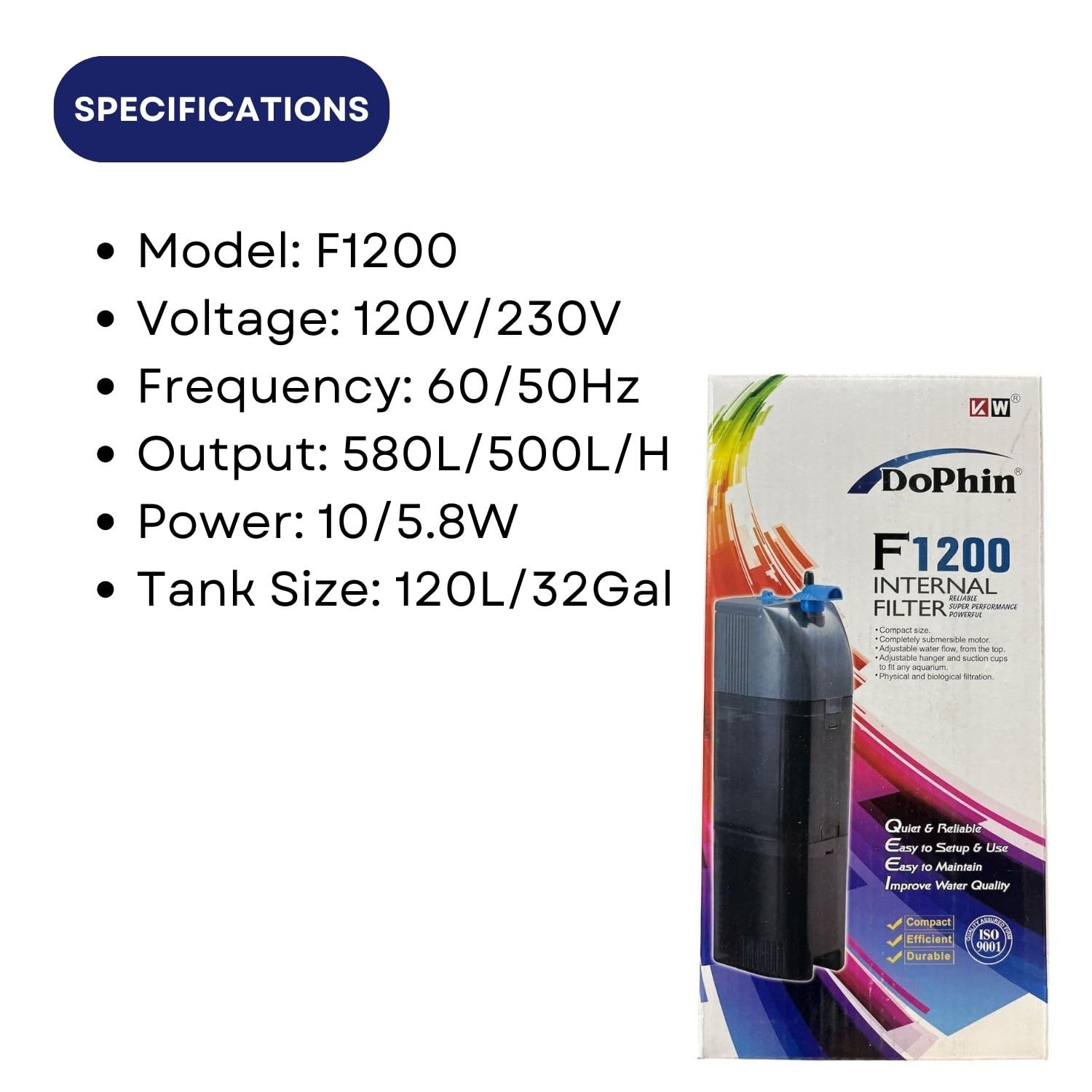 Dophin F1200 Internal Filter for Aquarium Fish Tank | Completely Submersible Motor | Output: 580/500 L/H | Suitable for Fish Tank Size 120L