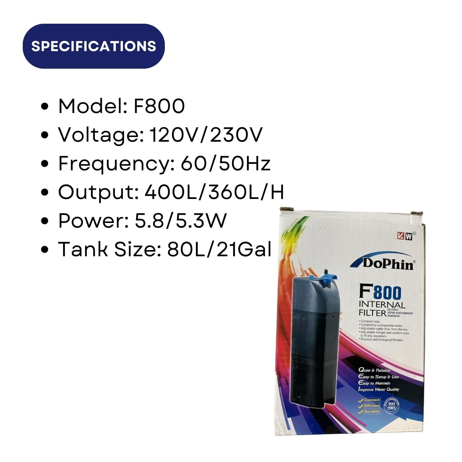 Dophin F800 Internal Filter for Aquarium Fish Tank | Completely Submersible Motor | Output: 400/360 L/H | Suitable for Fish Tank Size 80L
