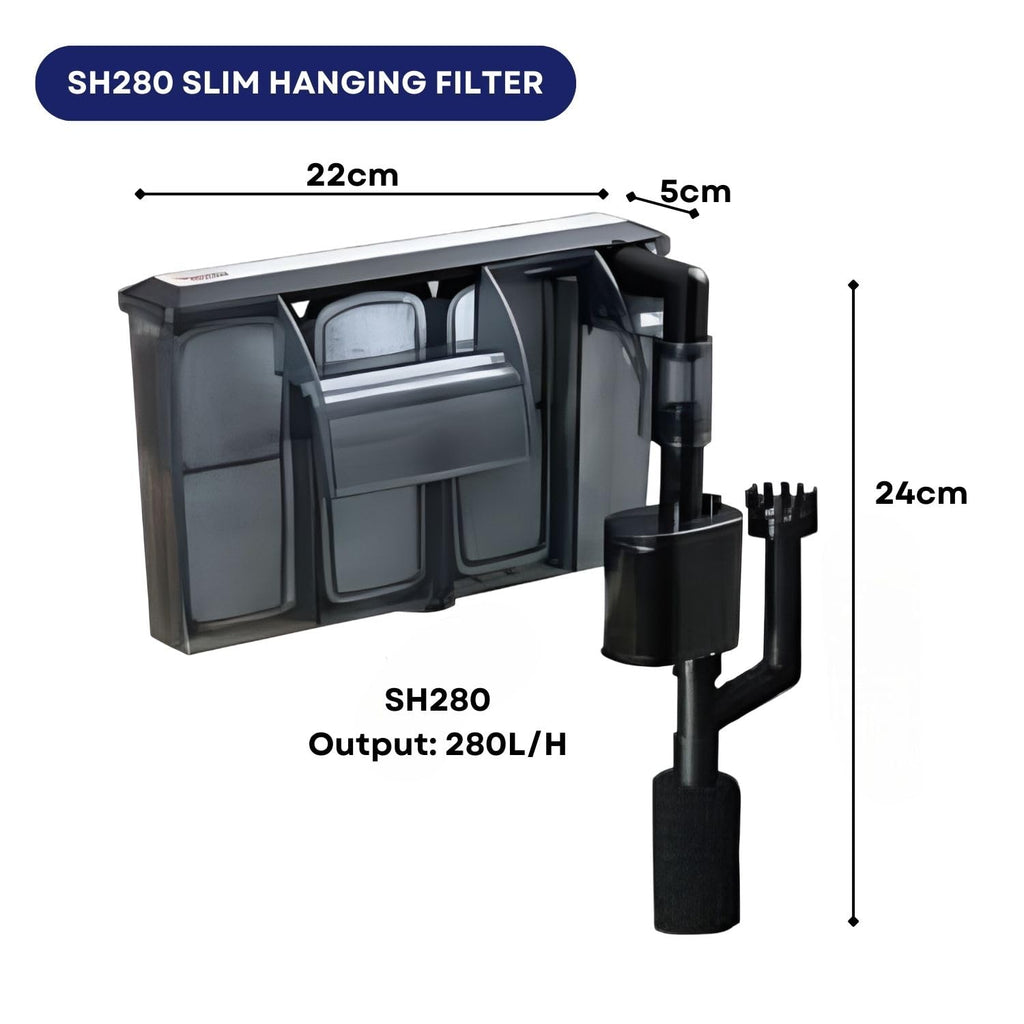 Dophin SH280 Slim Hanging Filter for Aquarium Fish Tank | Mechanical and Biological Filtration | Output: 280/280L/H | Suitable for Tank Size 60L
