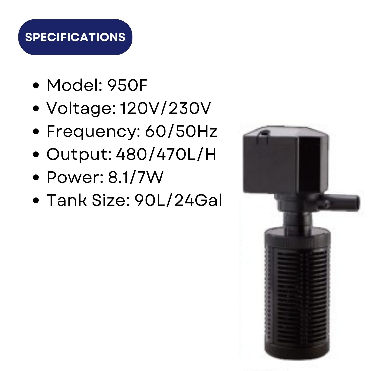Dophin 950F Internal Filter for Aquarium Fish Tank | Completely Submersible Motor | Output: 480/470 L/H | Suitable for Fish Tank Size 90L