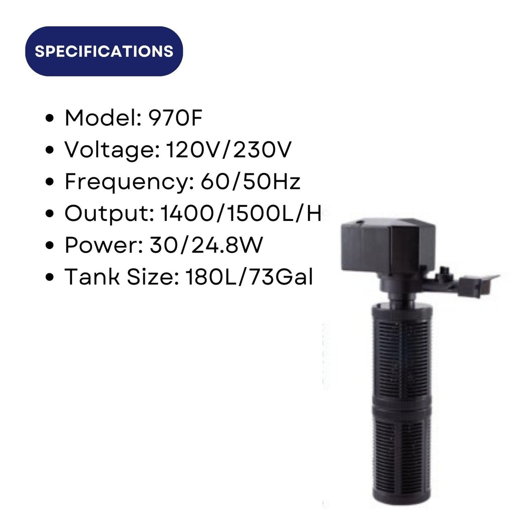Dophin 970F Internal Filter for Aquarium Fish Tank | Completely Submersible Motor | Output: 1400/1500 L/H | Suitable for Fish Tank Size 180L |