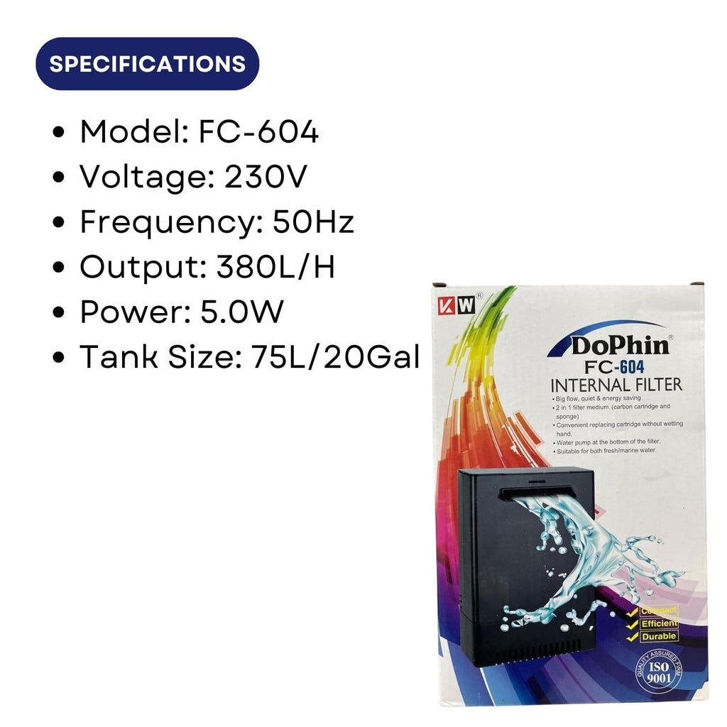 Dophin FC-604 Internal Filter Box for Aquarium Fish Tank | Suitable for Both Fresh and Marine Water | Output: 380L/H | Suitable for Tank Size 75L