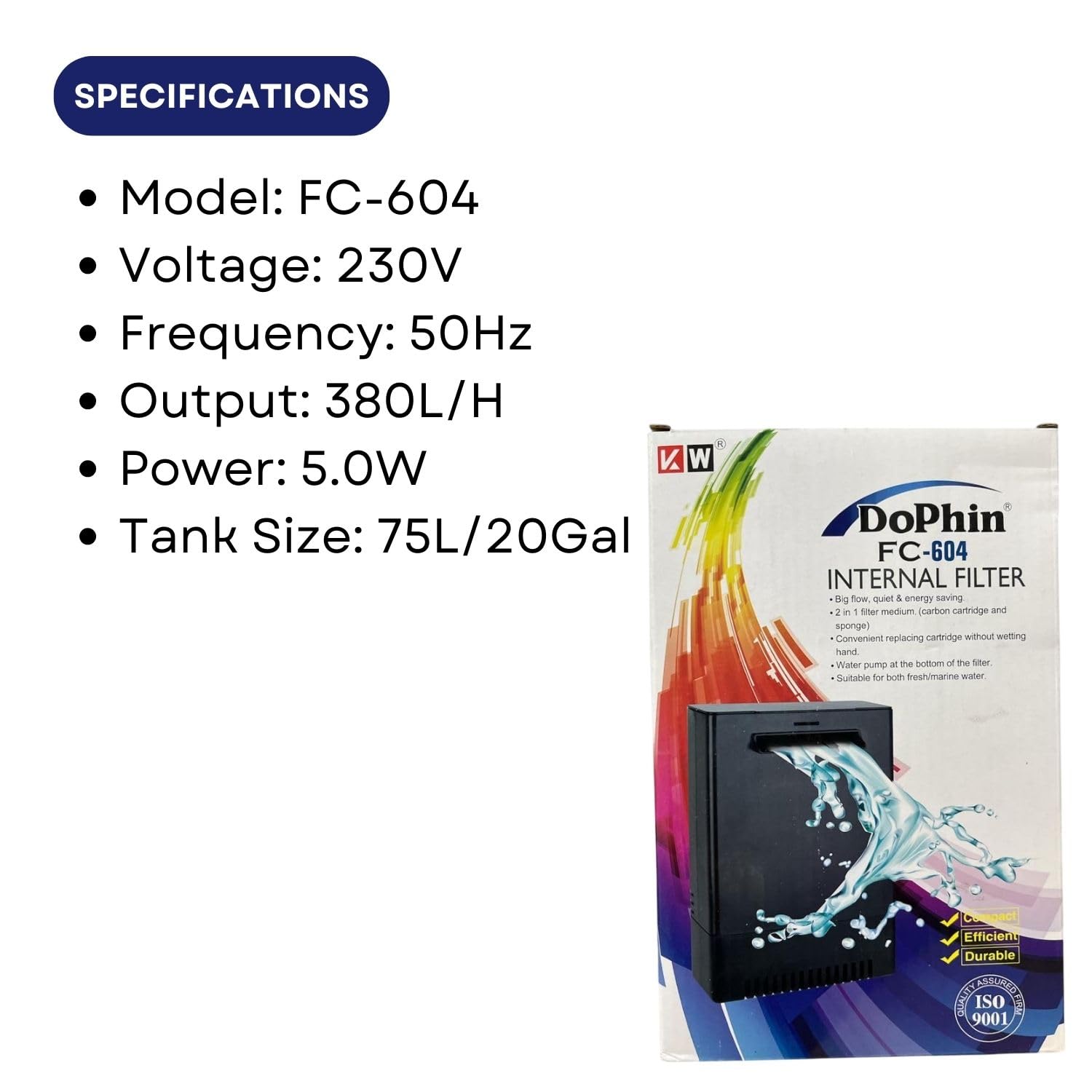 Dophin FC-604 Internal Filter Box for Aquarium Fish Tank | Suitable for Both Fresh and Marine Water | Output: 380L/H | Suitable for Tank Size 75L