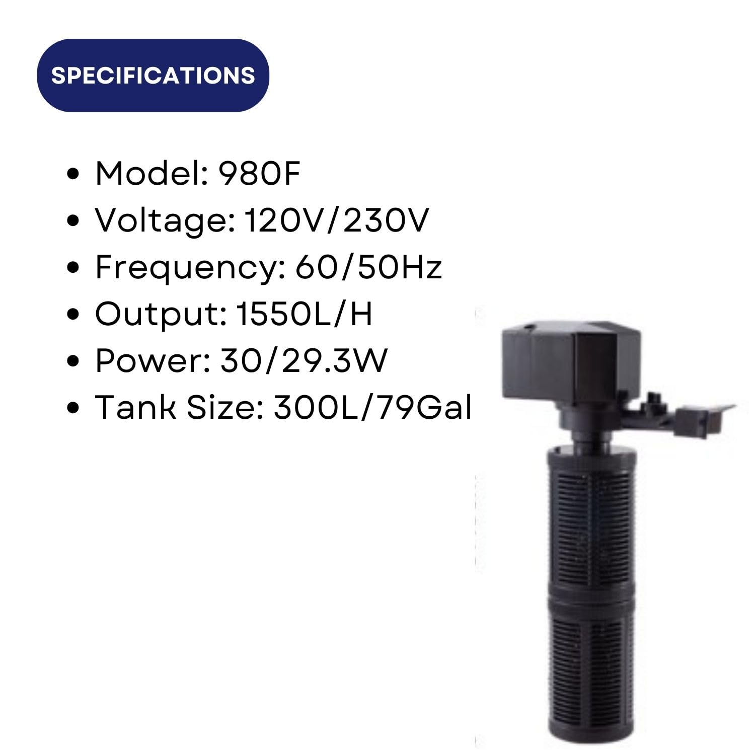 Dophin 980F Internal Filter for Aquarium Fish Tank | Completely Submersible Motor | Output: 1550/1550 L/H | Suitable for Fish Tank Size 300L