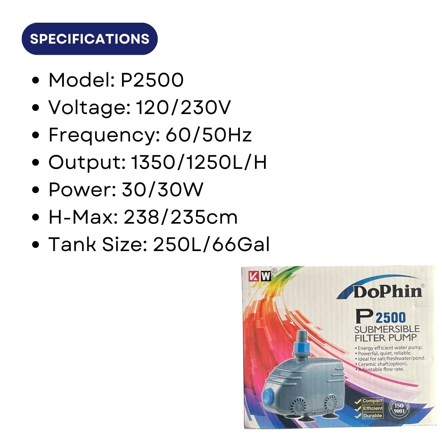 Dophin P2500 Submersible Filter Pump for Aquarium Fish Tank | Energy Efficient | Ideal for Marine/Fresh Water Fish Tank