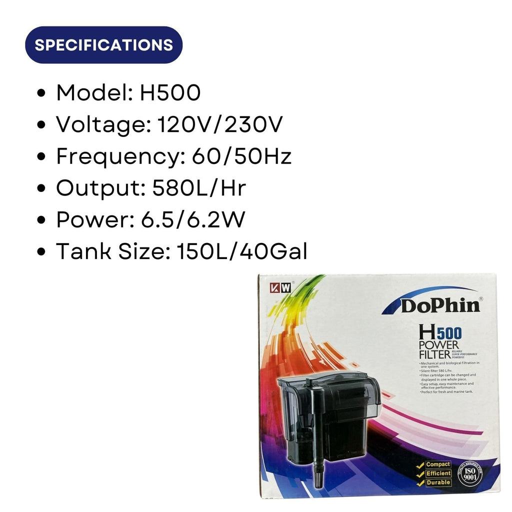 Dophin H500 Hanging Power Filter for Aquarium Fish Tank | Mechanical and Biological Filtration in One System | Output: 580/580L/H | Suitable for Tank Size 150L