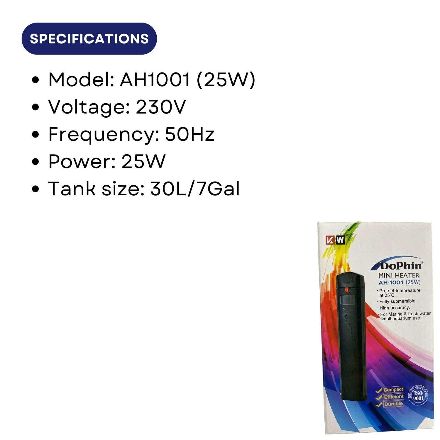 Dophin AH1001 25W Submersible Mini Heater | Fully Submersible | Suitable for Both Fresh and Marine Water | Suitable for Tank Size 30L