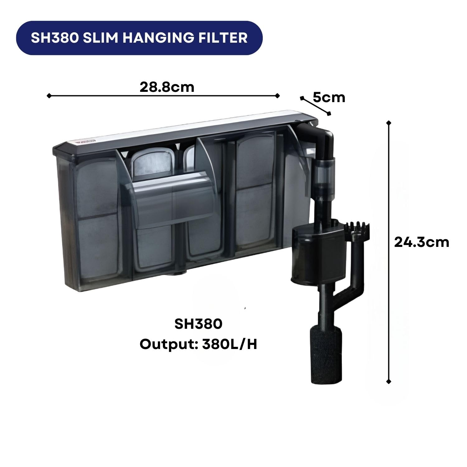 Dophin SH380 Slim Hanging Filter for Aquarium Fish Tank | Mechanical and Biological Filtration | Output: 280/380L/H | Suitable for Tank Size 80L