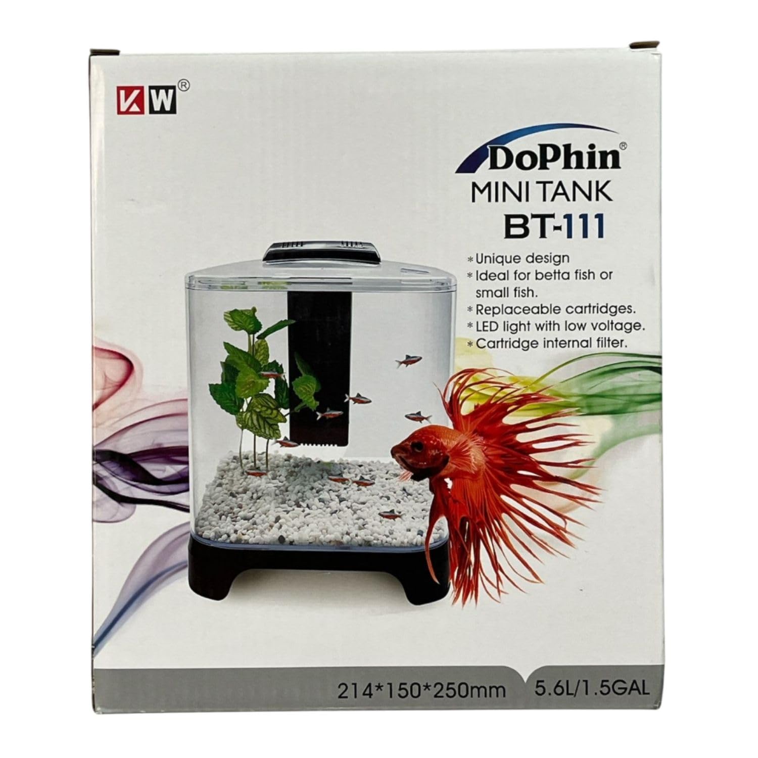 Dophin BT-111 Mini Aquarium Fish Tank | Unique Design | Complete 3-in-1 Kit | Includes Crystal Clear Tank, Filtering System and LED Light | Capacity - 5.6L Fish Tank