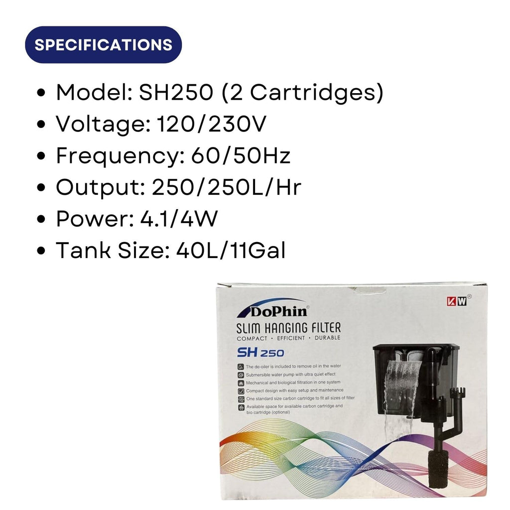 Dophin SH250 Slim Hanging Filter For Aquarium Fish Tank | Mechanical And Biological Filtration | Output: 250/250L/H | Suitable For Tank Size 40L