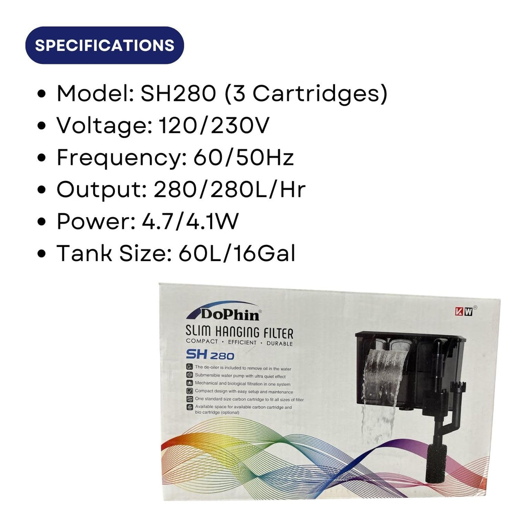 Dophin SH280 Slim Hanging Filter for Aquarium Fish Tank | Mechanical and Biological Filtration | Output: 280/280L/H | Suitable for Tank Size 60L