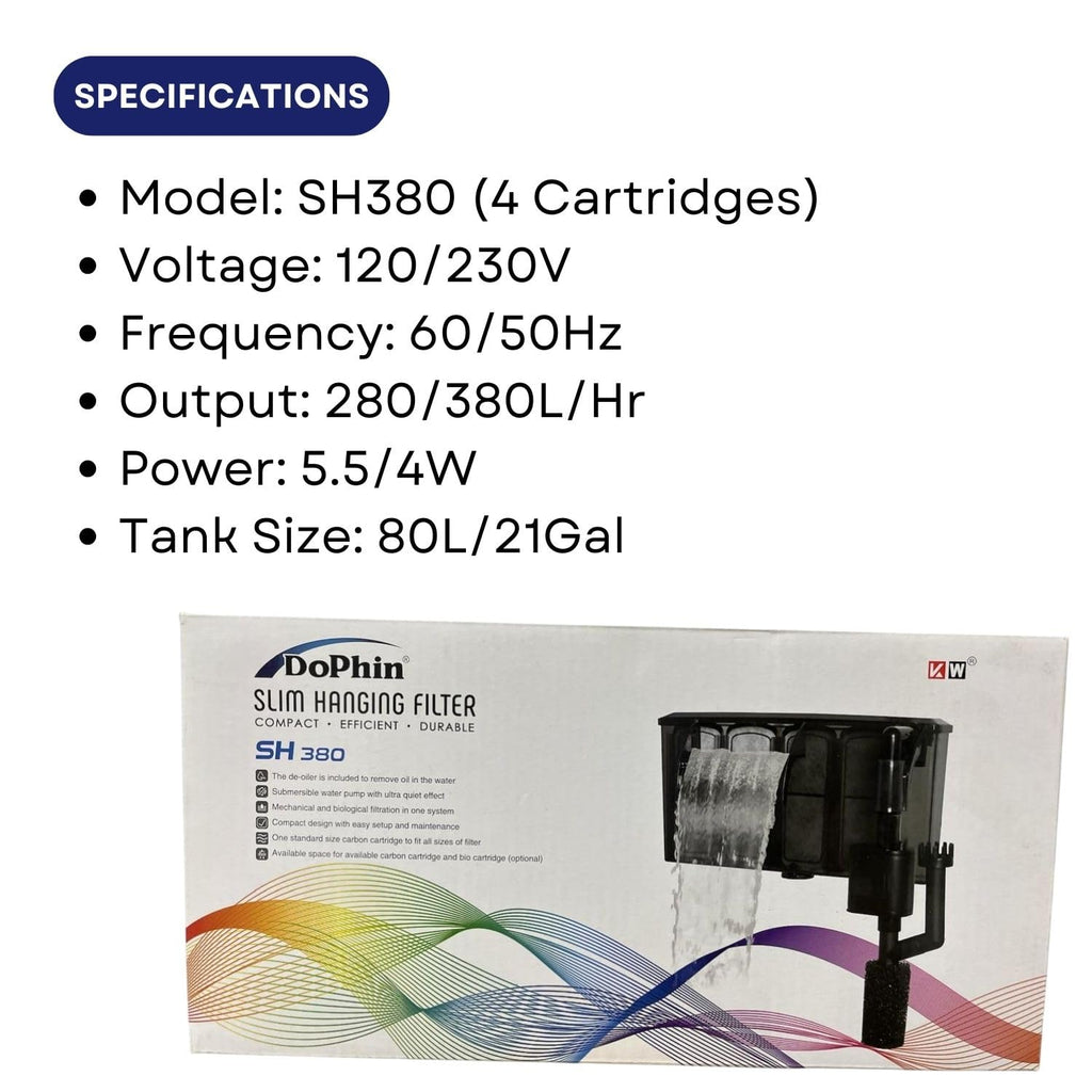 Dophin SH380 Slim Hanging Filter for Aquarium Fish Tank | Mechanical and Biological Filtration | Output: 280/380L/H | Suitable for Tank Size 80L
