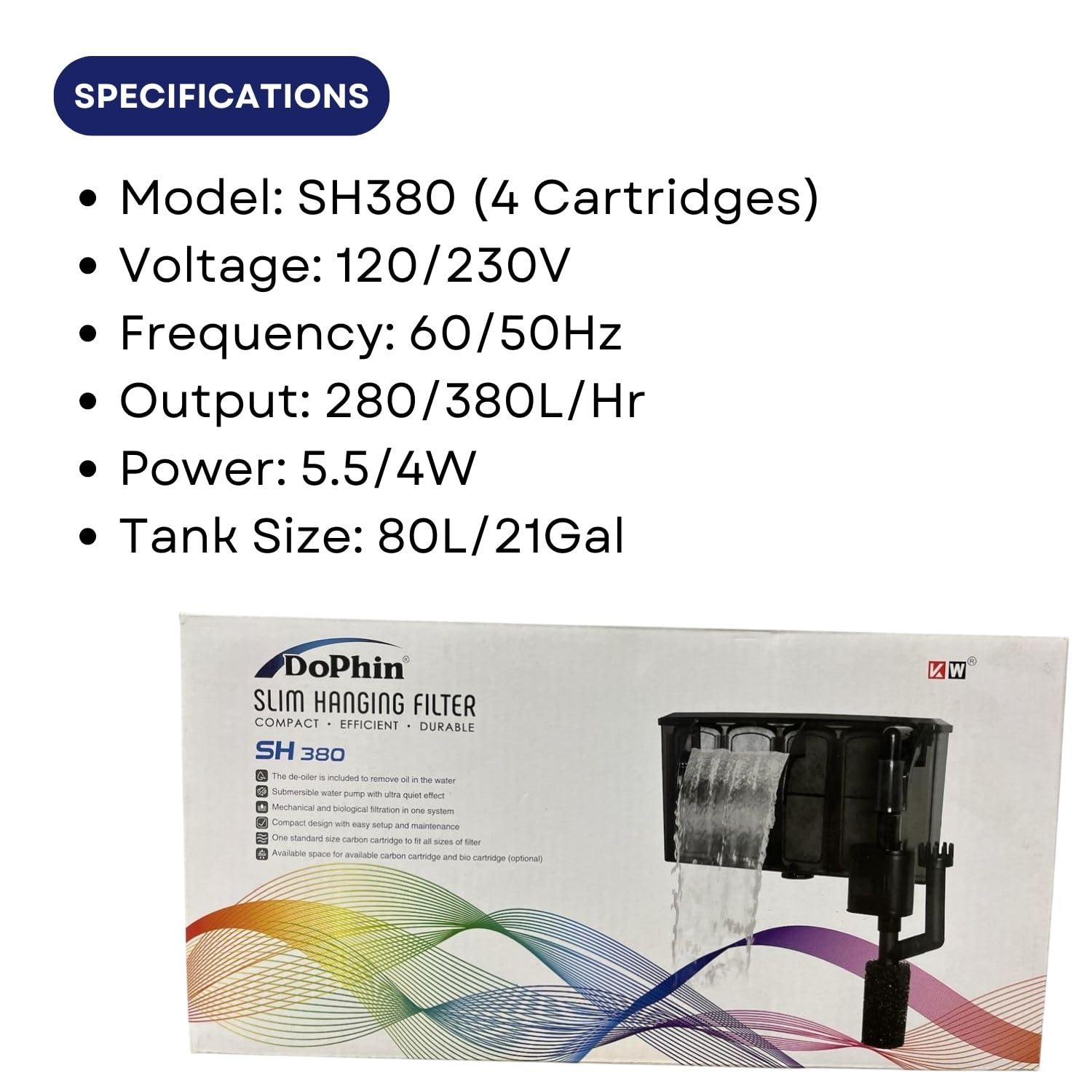 Dophin SH380 Slim Hanging Filter for Aquarium Fish Tank | Mechanical and Biological Filtration | Output: 280/380L/H | Suitable for Tank Size 80L