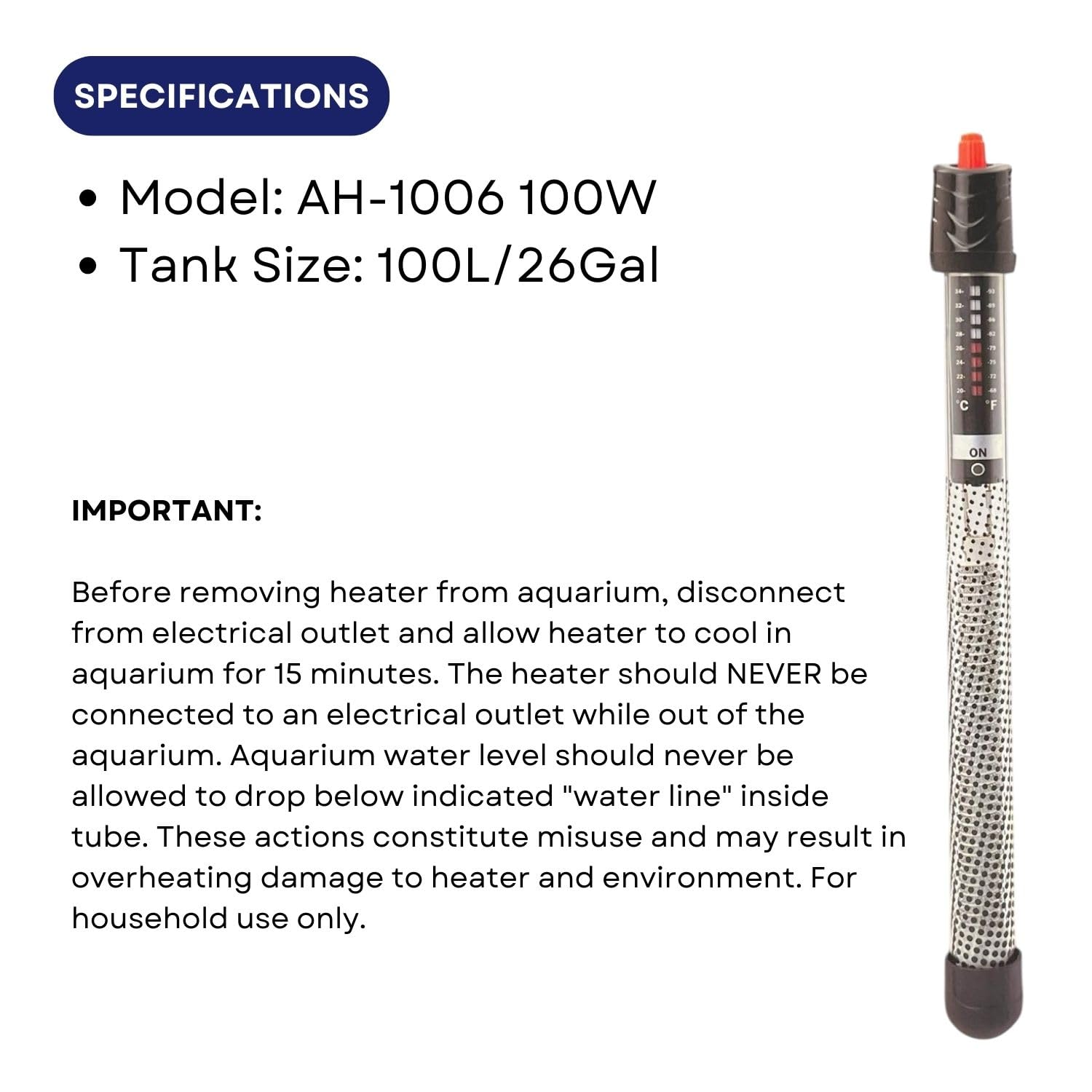 TUNAI Dophin AH-1006 100W Submersible Thermostat Heater for Aquarium Fish Tank| Preset Temperature | Fully Submersible | Suitable for Tank Size 100 L