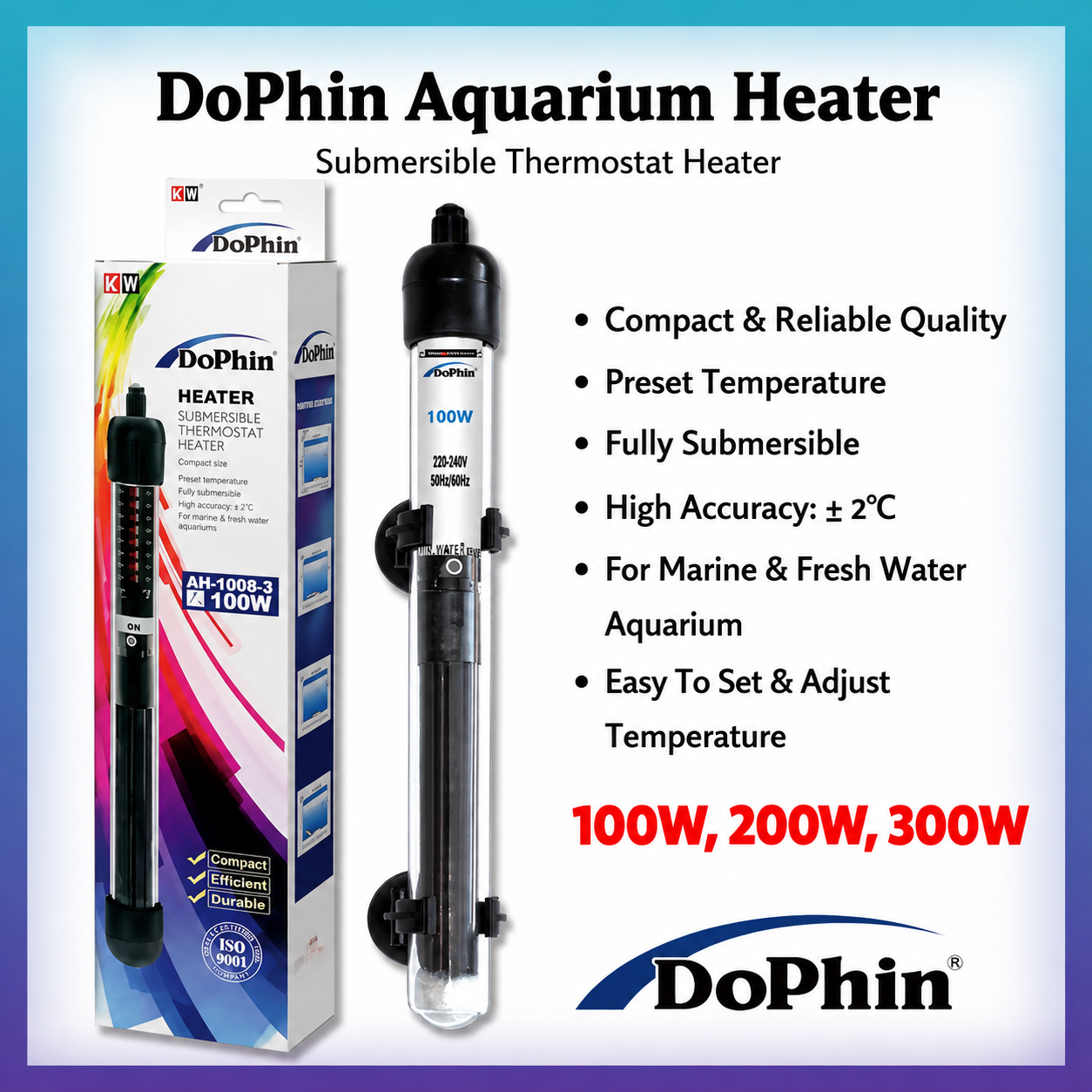 Dophin AH-1006 300W Submersible Thermostat Heater for Aquarium Fish Tank | Preset Temperature | Fully Submersible | Suitable for Tank Size 300L